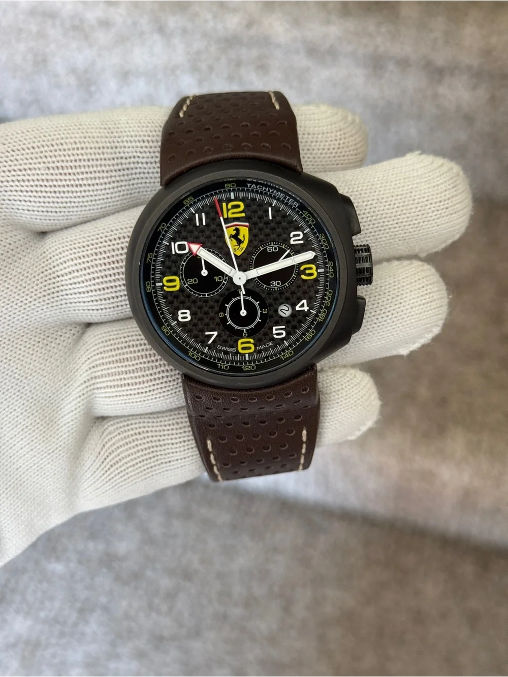 Ferrari F1 classBlack Dial Chronograph Watch with Yellow Accents and Brown Strap